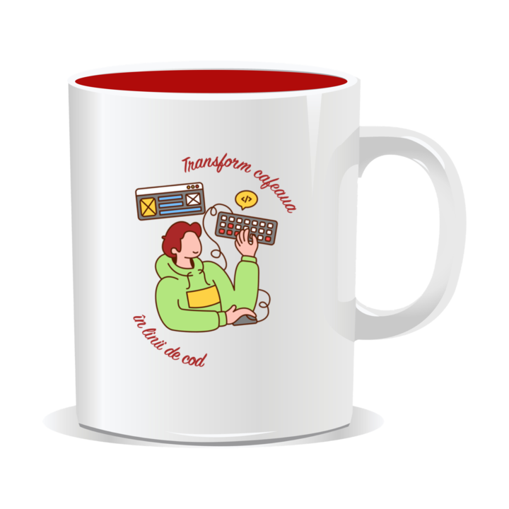 Cana personalizata cu mesaje pentru programatori, Transform cafeaua in linii de cod, 330ml, interior rosu