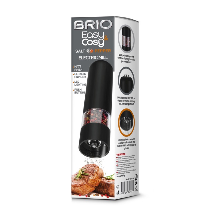 Електрическа мелница за сол/пипер Brio Easy Cosy, черна, мат, керамичен механизъм, 5.3х5.3х23см