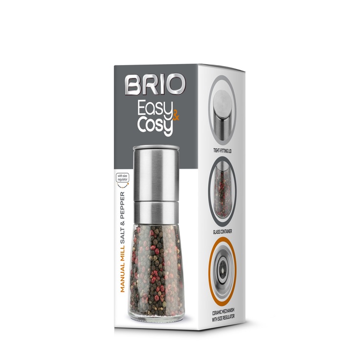 Мелница за сол или пипер Brio Easy Cosy, стъкло и капачка инокс, керамичен механизъм, Ø6.5х14.2см