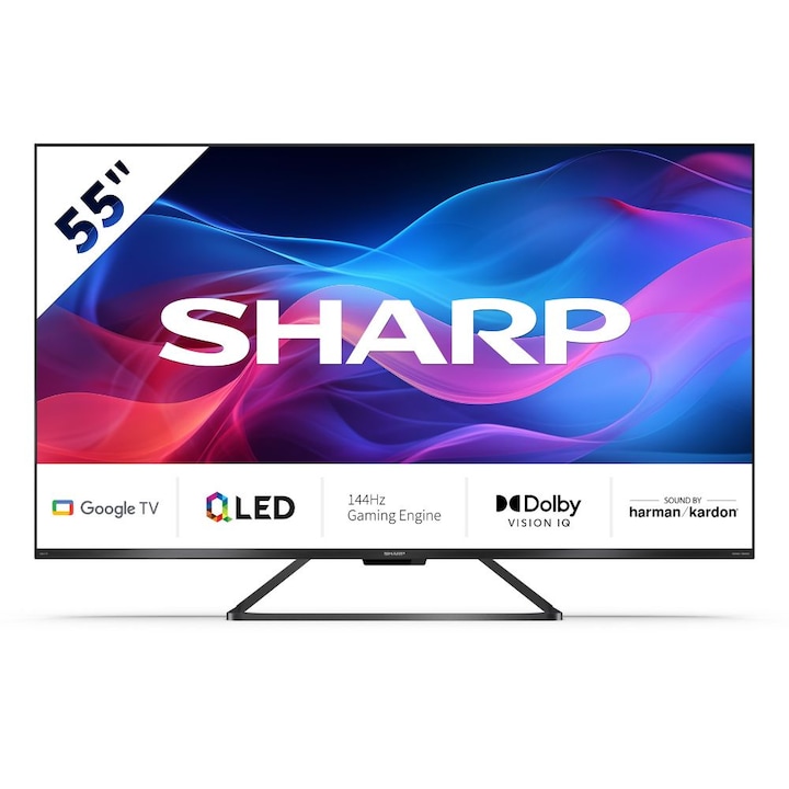 Телевизор Sharp LC-55GR8265EB, 55”, 4K, Ultra HD, 144Hz, QLED, Google TV, Черен