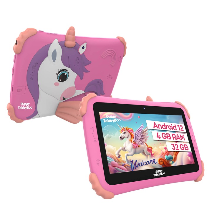 Детски таблет SMART TabbyBoo Unicorn KID, 32GB, 4GB RAM, Android 12, Wi-Fi, IPS, Розово