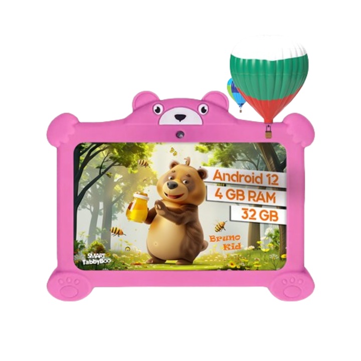 Детски таблет SMART TabbyBoo Bruno KID, 32GB, 4GB RAM, Android 12, Wi-Fi, 7" IPS екран, игри и образователни дейности за деца - Розово