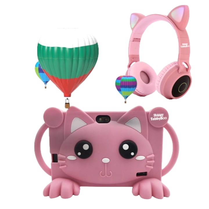 Комплект таблет Детски SMART TabbyBoo Kitty KID с аудио слушалки, 32GB, 4GB RAM, Android 12, Wi-Fi, 7" IPS екран -Розово