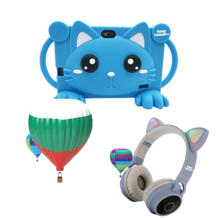Комплект таблет Детски SMART TabbyBoo Kitty KID с аудио слушалки, 32GB, 4GB RAM, Android 12, Wi-Fi, 7" IPS екран- Син