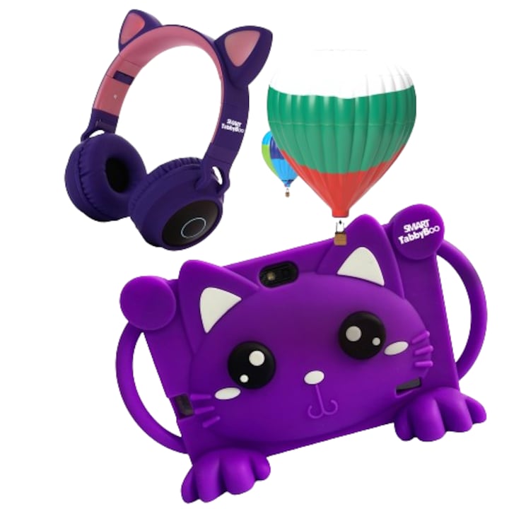 Комплект таблет Детски SMART TabbyBoo Kitty KID с аудио слушалки, 32GB, 4GB RAM, Android 12, Wi-Fi, 7" IPS екран-Лилаво