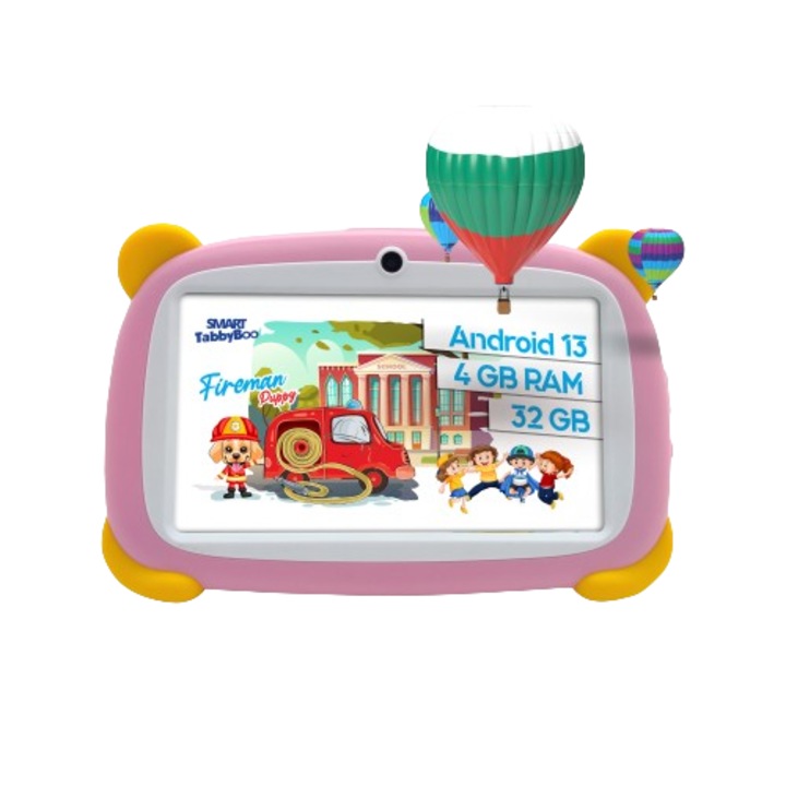 Детски таблет SMART TabbyBoo Puppy KID, 32GB, 4GB RAM, Android 13, Wi-Fi, 7" IPS екран, игри и образователни дейности за деца - Розово