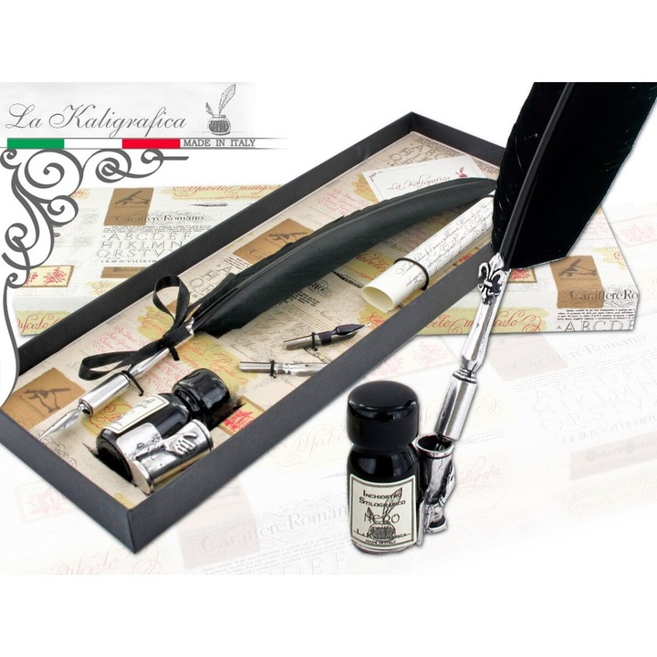 Set de scris premium Luka, pioro cu penita de gasca, calamar cu suport, argintiu, 2 stilouri incluse