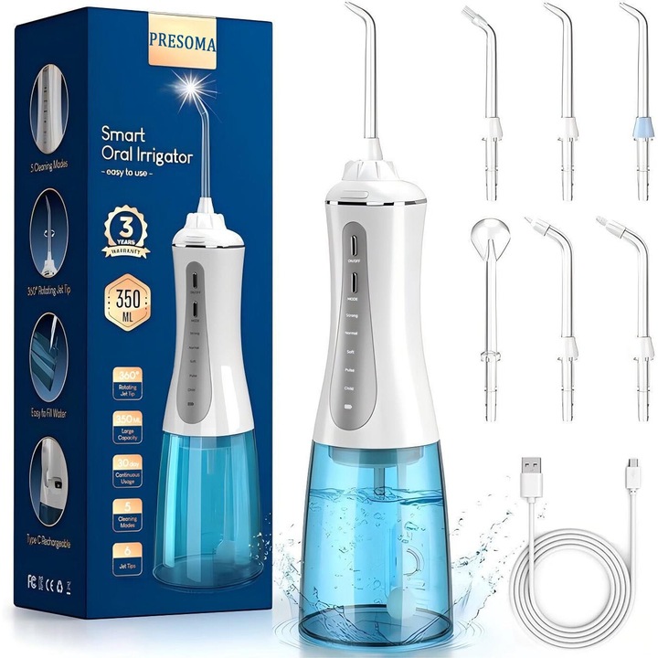 Oral Irrigator típusú szájzuhany, Presoma, vezeték nélküli, 1800 impulzus/perc, 5 SZINT nyomás, 350 ml, IPX7, túlmelegedés elleni védelem, 6 fúvóka mellékelve, fehér