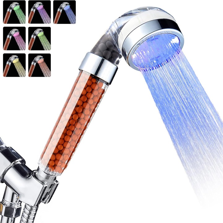 Cap De Dus, Zggzerg, LED, Para de dus cu filtrare dubla, Anti-calcar, Cu granule minerale, ioni negativi, Jet uniform, Usor de instalat si curatat, Pentru pielea si parul uscat, Plastic, 215 x 57 x 65mm, Argintiu