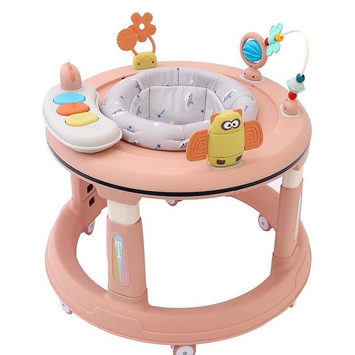 Premergator bebelusi Little Mom Activity Pink, pliabil, educational, cu panou interactiv, sezut rotativ 360 grade, roti pivotante silentioase, dimensiune 68 x 68 x 50 cm