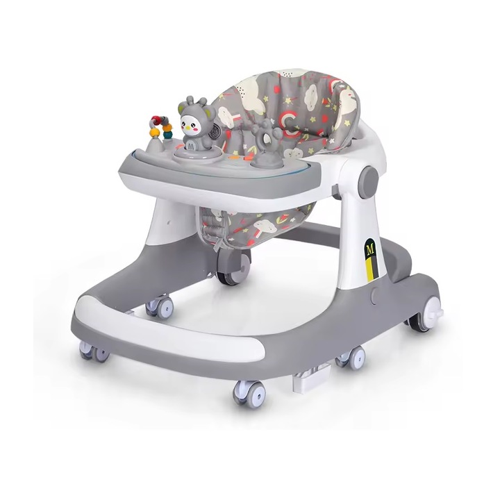 Premergator bebelusi Little Mom Cosmos Grey 2 in 1 cu functie de antepremergator, cu 6 roti silentioase, sistem de franare, sezut reglabil, pliere usoara si compacta, spatar ergonomic, panou interactiv detasabil