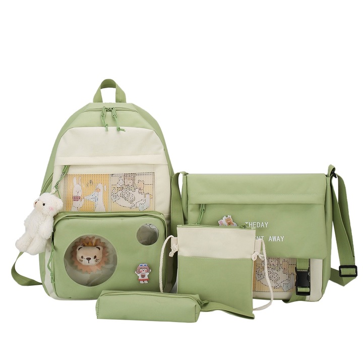 Set Ghiozdan pentru gradinita si scoala 4 Piese, CEMEANE, Geanta de umar, Penar si Geantuta, 44 x 30 x 13 cm, verde