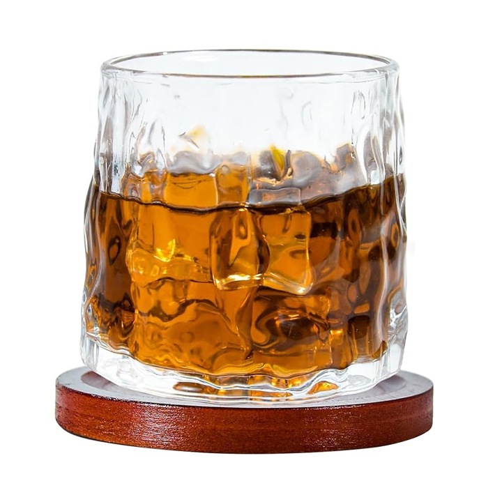 Стъклена въртяща се чаша, Zggzerg, сладолед, с поставки, 155 ml, въртене на 360°, здрава и издръжлива, лесна за хващане и почистване, подходяща за уиски, коктейли, червено вино, стъкло/дърво, 8 x 6,8 x 7,3 cm, прозрачна