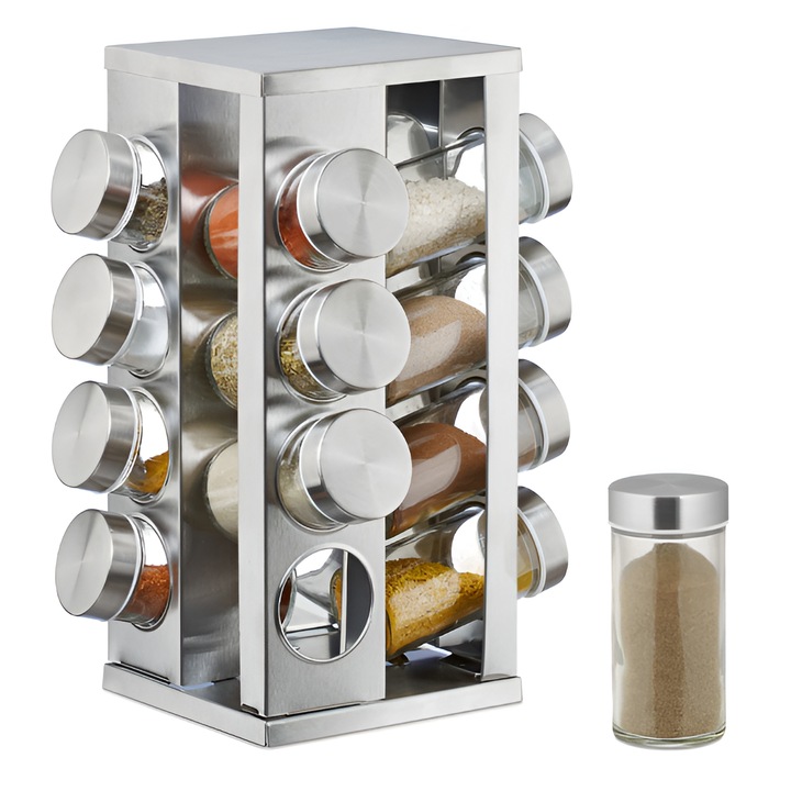 Комплект от 16 контейнера за подправки с въртяща се стойка, неръждаема стомана, многофункционален, лесен за сглобяване, преносим, сребрист, Neo™