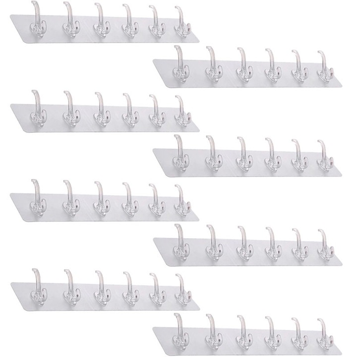 Set 8 x cuier autoadeziv cu 6 agatatori NEXTLY, pentru baie/hol/bucatarie, adeziv puternic, ajustabil, waterproof, transparent