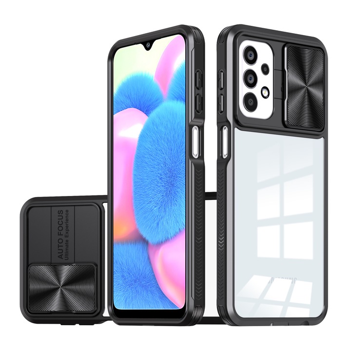 Átlátszó prémium borítás kártyanyílással a 360°-os kameravédelemhez, fém gyűrűtartó, ütésálló lökhárító kompatibilis Samsung Galaxy A34 5G / fekete