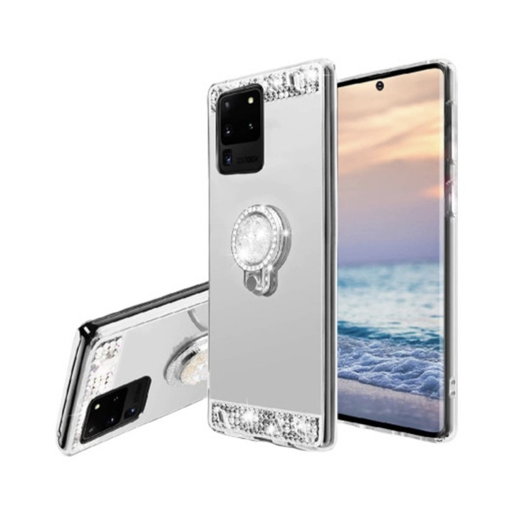 Csillogó gyémánt tükör tok bevonatborító TPU védőtok gyűrűvel és kavicsokkal kompatibilis Samsung Galaxy S20 Ultra / S20 Ultra 5G készülékhez, ezüst