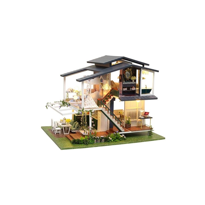 Casa de construit DIY Fairy Villa Doty®, tip macheta, miniatura artizanala, dimensiune 32x24.5x25.5 cm, scala 1:24, cu leduri si accesorii incluse