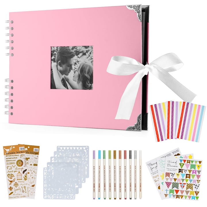 Set album foto creativ, WALALLA, Carton/Metal, Carte memorie DIY, Roz