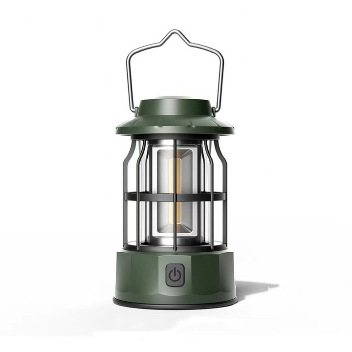 Lampa solara de camping, design retro, impermeabila, portabila, verde inchis