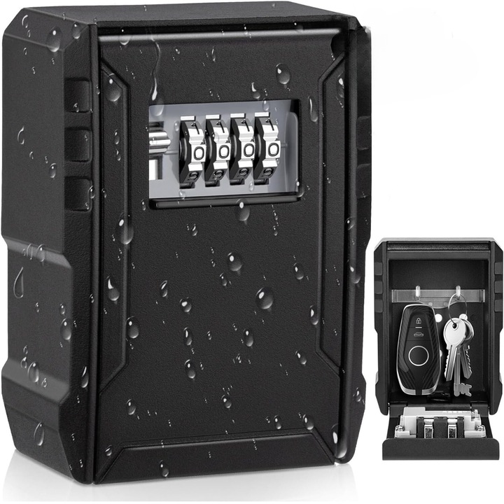 Метална кутия с код за съхранение на ключове, VisionHub®, водоустойчива, Водоустойчива външна кутия, устойчива, много голям капацитет, алуминиева сплав, Стенен монтаж, Хотелски режим, Резервация, AirBnb, Home, Черен