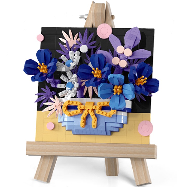 Set de 757 Bucati de Flori de Constructie, Buchet de Trandafiri Albastri, Decorare de Perete DIY Kit, Decorare Birou, Jucarii Creative, Multicolor