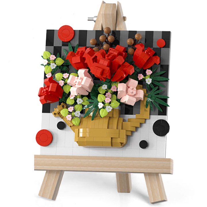 Set de 676 Bucati de Flori de Constructie, Buchet de Lalele, Decorare de Perete DIY Kit, Decorare Birou, Jucarii Creative, Multicolor