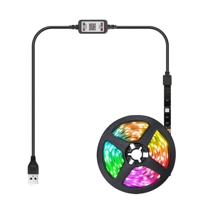 Kit Banda LED RGB, Sincroniza Muzica, Bluetooth Controlul APP, Multicolor, 1 m