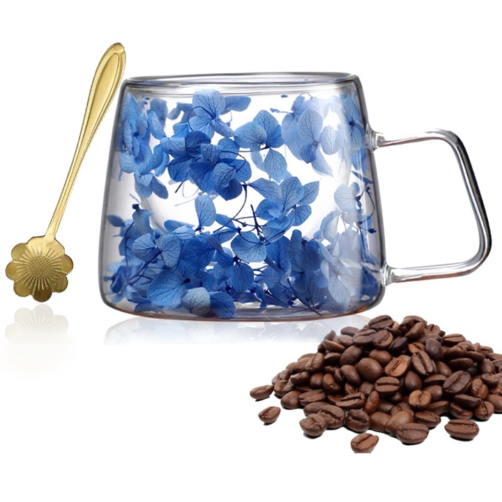 Cana Fantasy, Lingura de Amestecat，Perete Dublu Izolant, Decor Flori Uscate Hortensie, Transparent cu Albastru, Rezistente Ia Caldura, Cani de Baut, Cani de Cafea，Cadouri de Sarbatori，200ml