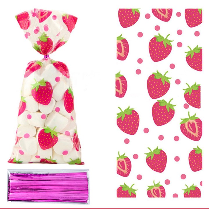 Set 100 pungi alimentare, Ronyes®, Plastic, 12.5 x 27.5 cm, Model de capsuni, Transparent