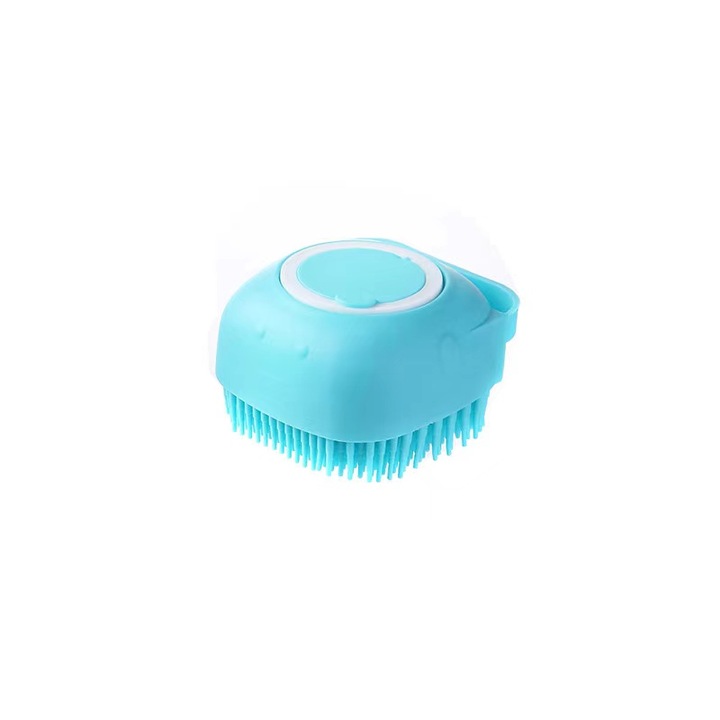 Perie de baie si masaj pentru animale, cu dispenser de sampon, silicon moale, albastru