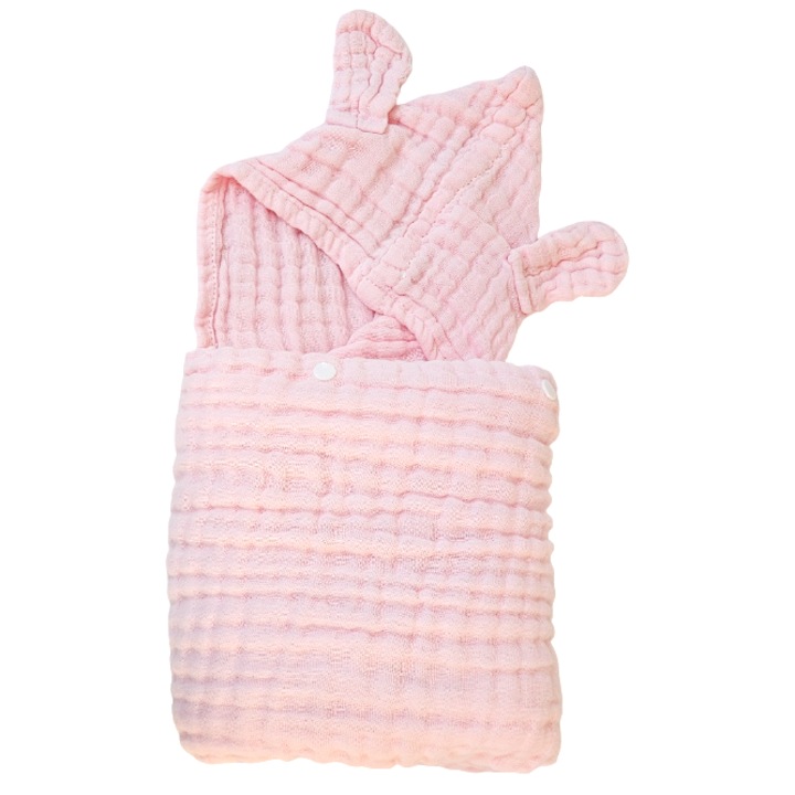 Prosop de baie iPlantLove® din muselina 6 straturi, cu gluga, pentru bebelusi si copii, ROZ