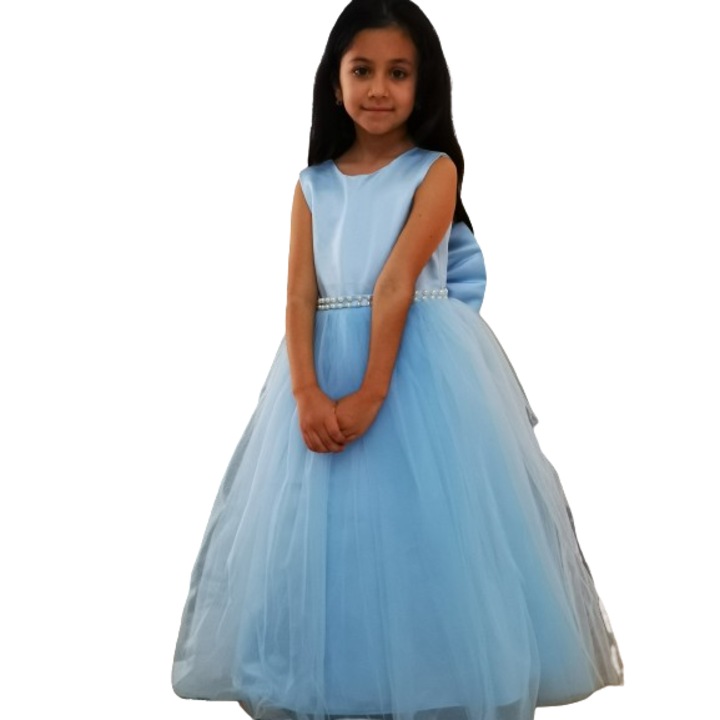 Rochita de printese cu perle si fonta, in V la spate model unicat, Albastru