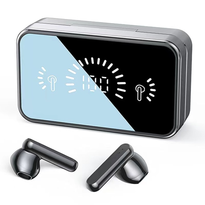 Vezeték nélküli fülhallgató, zajcsökkentés, LED képernyő, érintőképernyős, vízálló, 800mAh, fekete