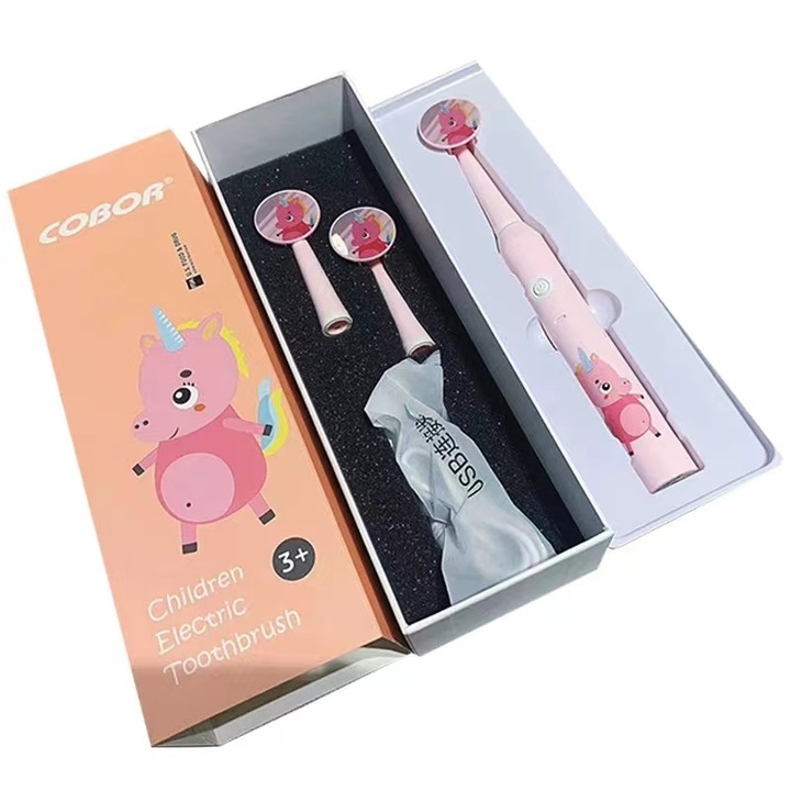 Set periuta de dinti electrica pentru copii, Unicorn, 3 capete de periuta, roz, 4-12 ani