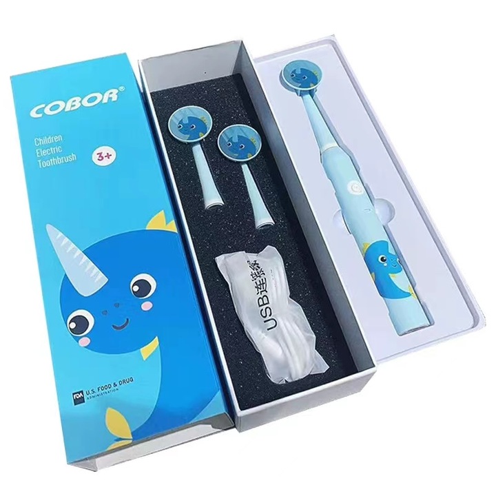 Set periuta de dinti electrica pentru copii, Unicorn, 3 capete de periuta, albastru, 4-12 ani