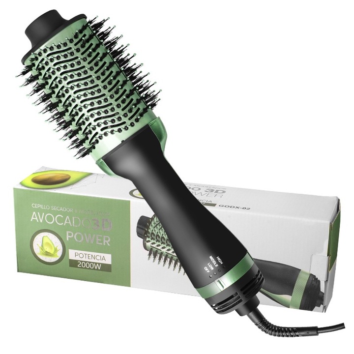 Forgókefe, 1000 W, Ionizáció, 50 mm-es kerámia kefe, 3 hőmérséklet/sebesség beállítás, zöld/fekete