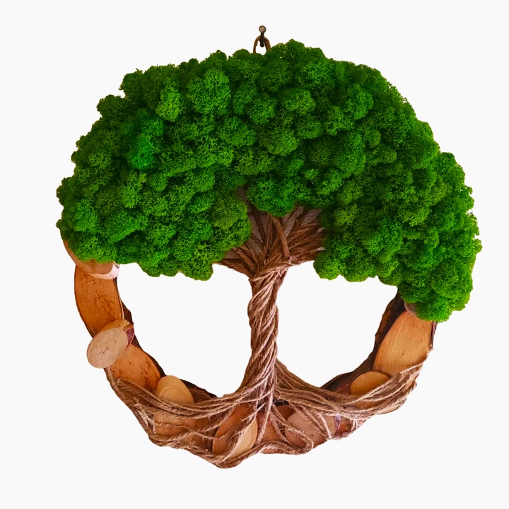 Decoratiune interior, copacul vietii cu licheni pe cerc din rondele de lemn, 35 cm, verde