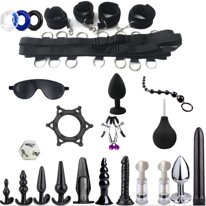 Комплект за робство, 20 части, Екологична кожа/PVC/Найлон/Силикон/Метал