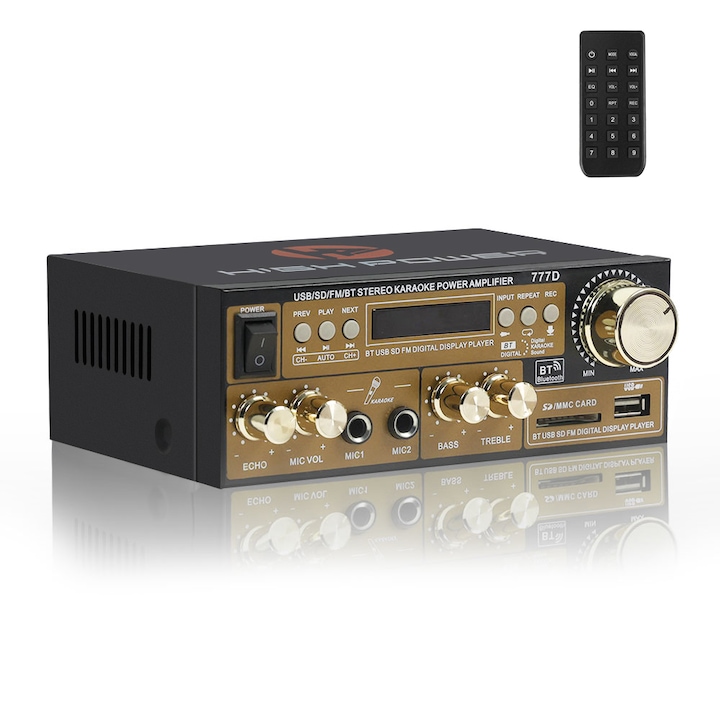 Amplificator Audio, Piduules, 12V/220V, Bluetooth, USB, Card SD