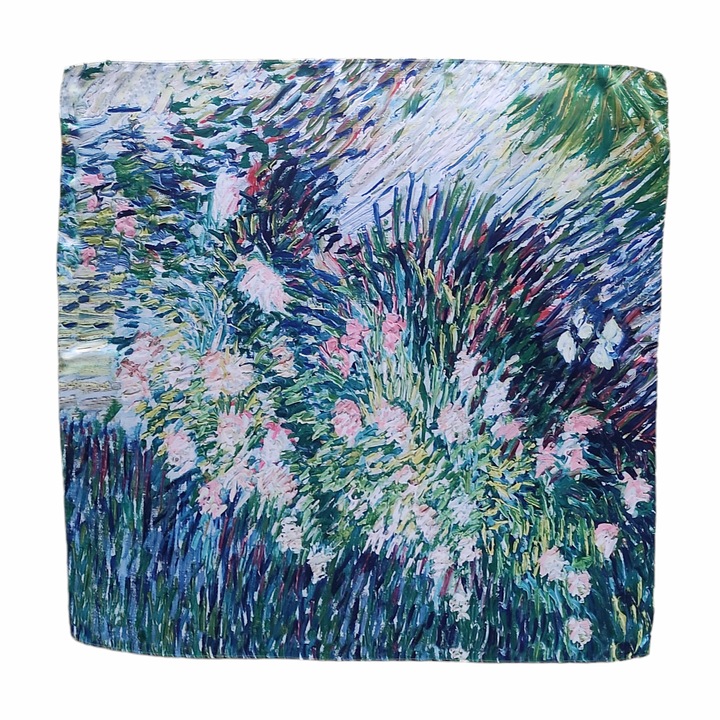 Esarfa patrata din matase imprimata pe o singura fata, gradina cu gladiole, 70 x 70 cm