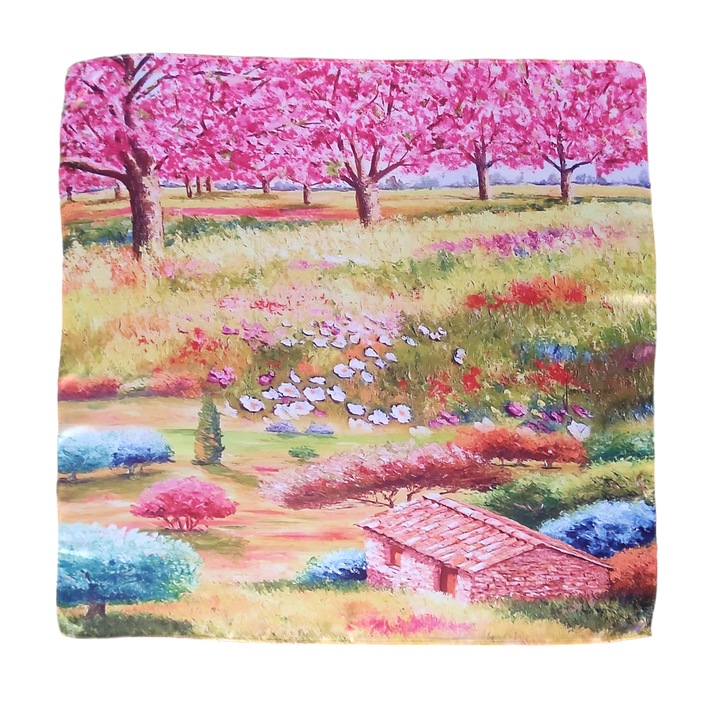 Esarfa patrata din matase imprimata pe o singura fata, peisaj cu copaci roz infloriti, 70 x 70 cm