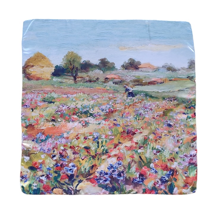 Esarfa patrata din matase imprimata pe o singura fata, reproducere dupa o pictura cu camp cu maci, 70 x 70 cm