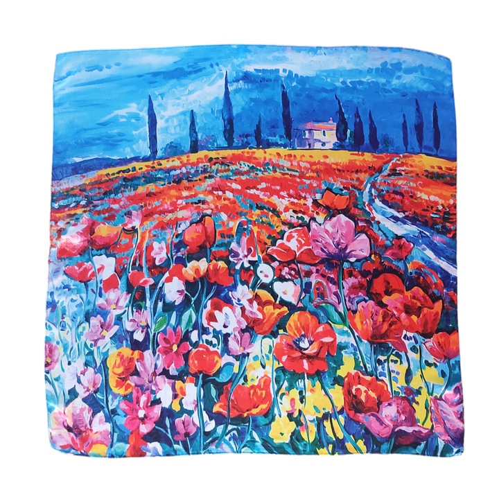 Esarfa patrata din matase imprimata pe o singura fata, multicolora, reproducere dupa o pictura cu camp cu maci rosii, 70 x 70 cm