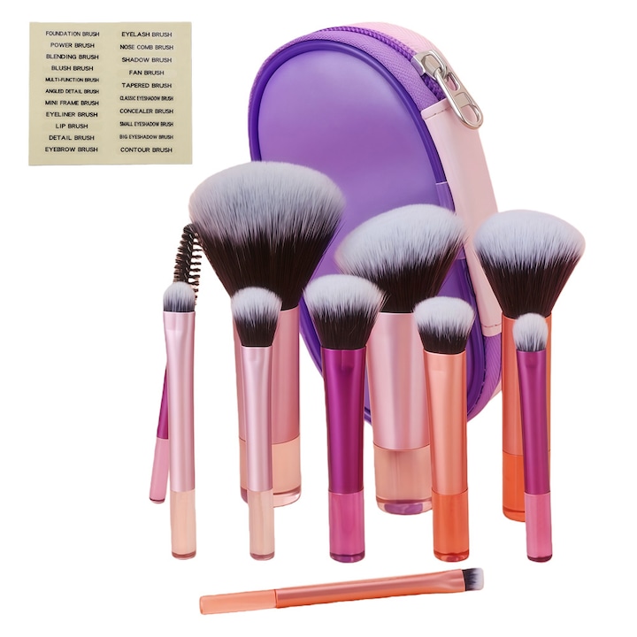 Pachet de 10 pensule de machiaj, mini, portabile, peri din microfibra, geanta de depozitare din piele, fond de ten, pudra libera, contur, fard de obraz, corector, amestecare, fard de pleoape, perie de sprancene, perie de rimel, roz
