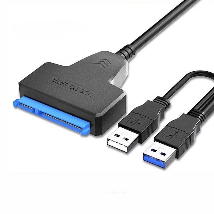 Adaptor USB 3.0 la SATA pentru HDD/SSD, Plug and Play, 2x USB, porturi de alimentare independente, negru, 30cm