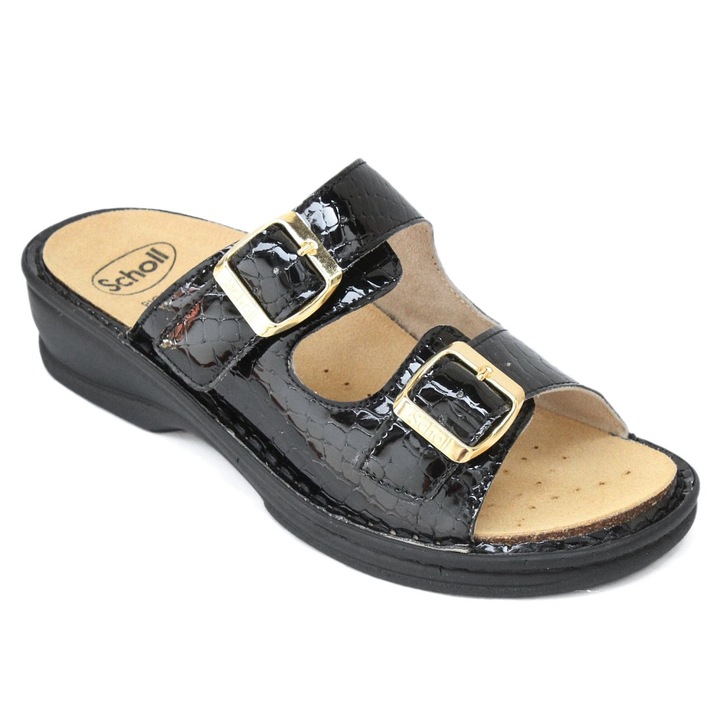 Papuci de damă Scholl Scholl Mietta Buckle cu cataramă bioprint lac negru F31399-1004 07326