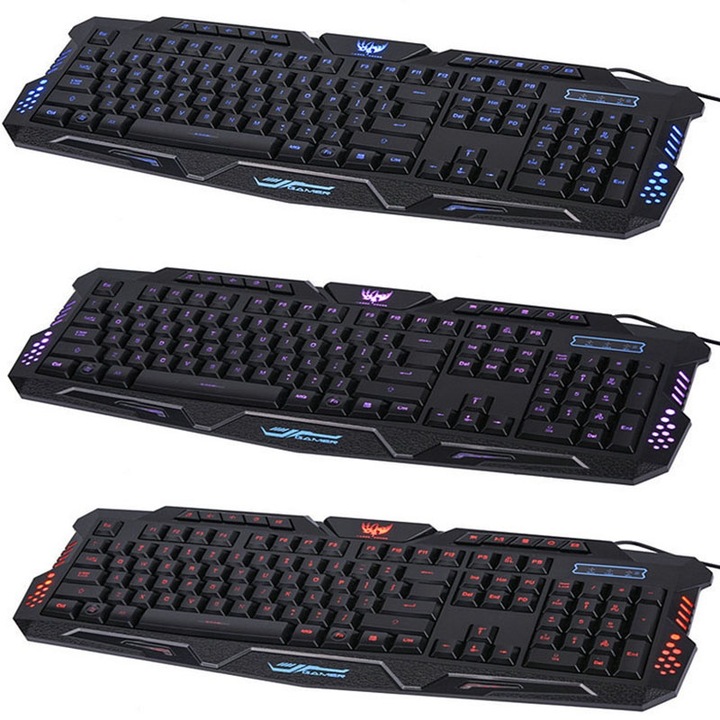 Tastatura ergonomica gaming, iluminare in trei culori, impermeabila, cablu 1.5m, negru, 52.6x19.5x3.5cm