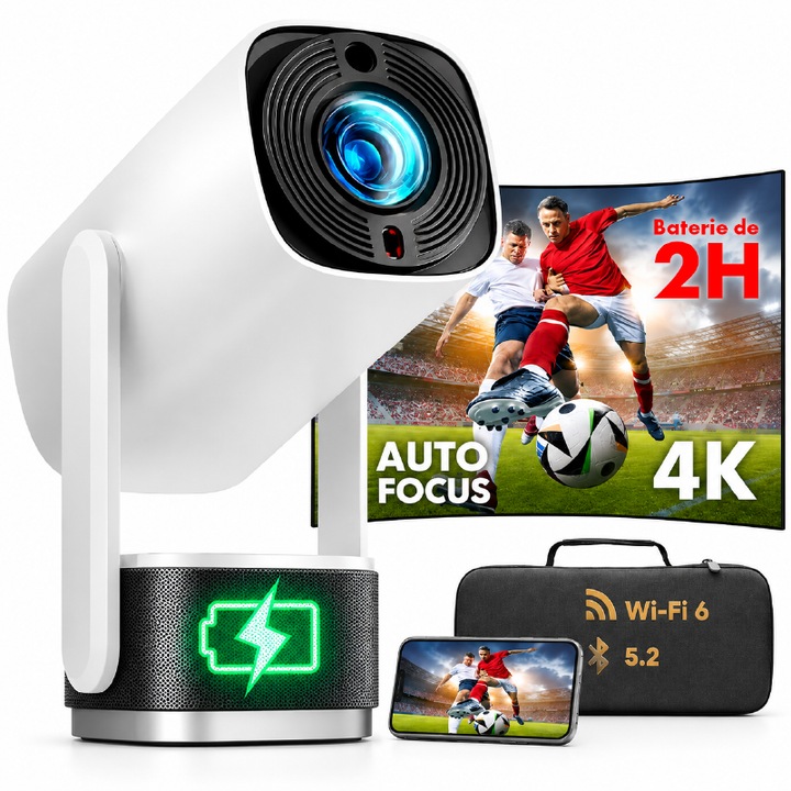 Videoproiector Portabil Ewenta® PRO VISION, Smart 4K, Ultra HD, Auto Focus, Ecran de proiectie 150 Inch, Difuzor Incorporat, Rotatie 270°, Culoare ALB