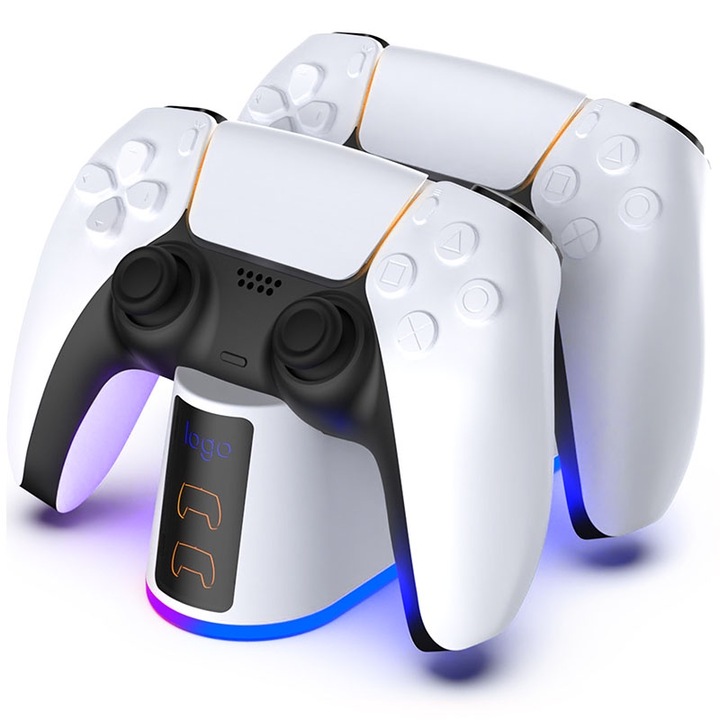 Töltőállomás PS5 kontrollerekhez, RGB világítás, gyorstöltés, fehér